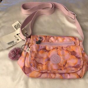 Kipling Sabian Nylon Crossbody Bag Floral Powder + Faux Fur Monkey Key Chain NWT